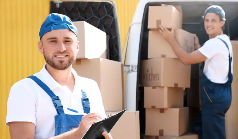 Young professional noting down something on a paper and another one is loading a van