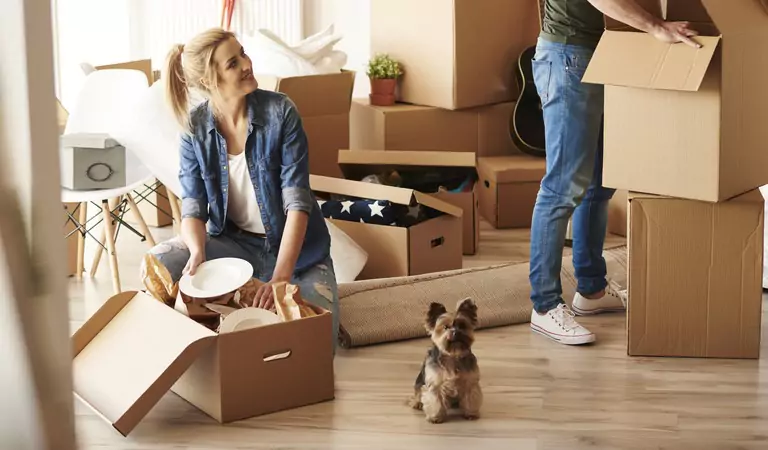 young woman packing a cardboard box and a dog on the floor